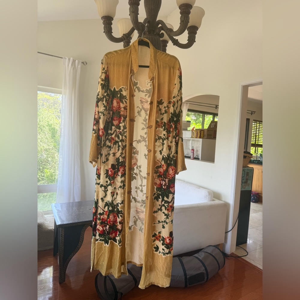 Floral Long  Silk and Velvet Kimono Cardigan